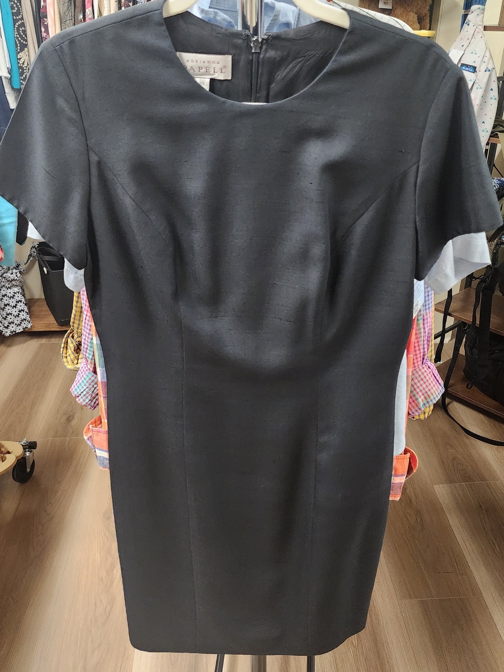 Adrianna Papell Black Short-Sleeve Midi Sheath Dress 100% Silk